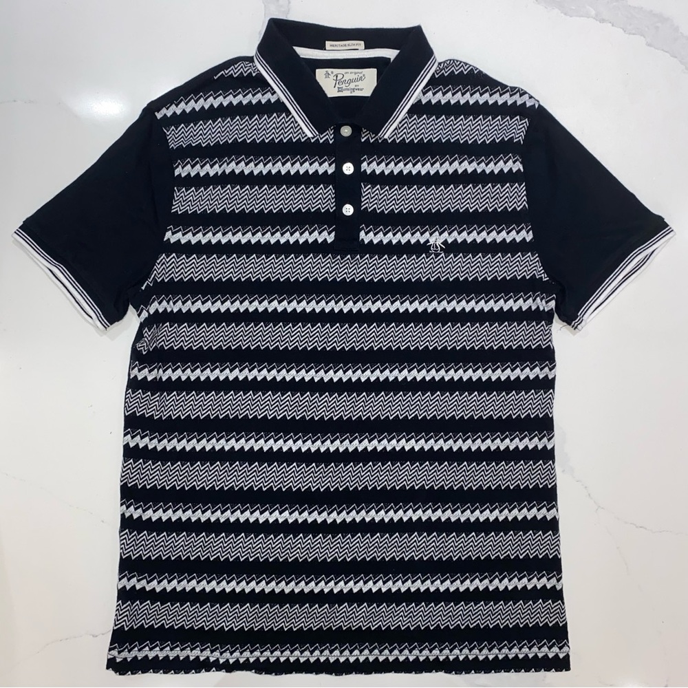 ORIGINAL PENGUIN Polo Shirt, Black/White Pattern, Heritage Slim Fit, Men's US S